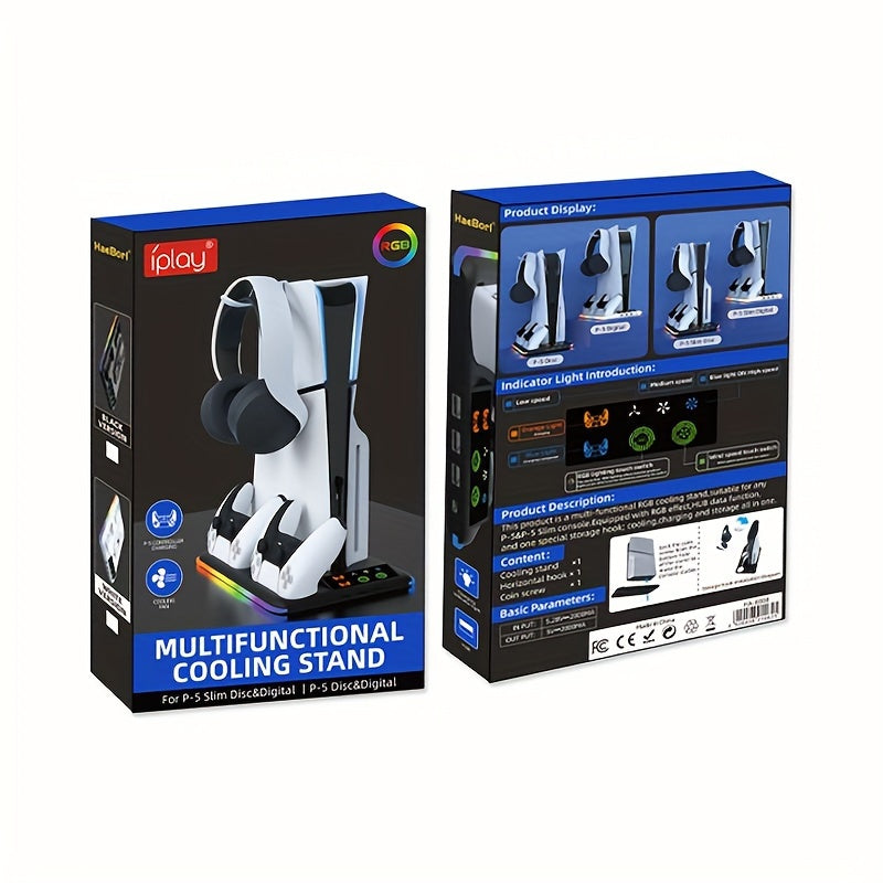 Cooling stand with RGB LED controller charger for PS5/PS5 Slim, with 3-level fan system and secure console/accessory holder for both digital and disc editions of PlayStation 5.