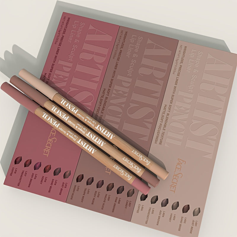 Set of 6 ultra-fine matte nude lip liners in 18 vibrant colors for all skin tones.