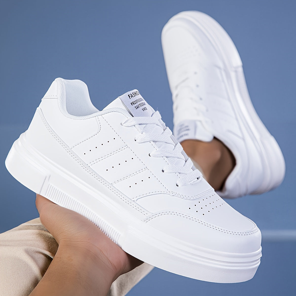 White casual sneakers for men - comfortable, durable, all-season low-top lace-ups with soft EVA sole for casual wear and running.