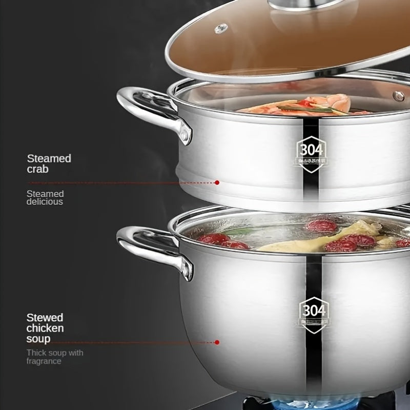 26cm 10-inch Stainless Steel Double Boiler - Large Capacity Multi-Purpose Cooking Pot with Lid, Ideal for Soup, Steam and More - Versatile Kitchen Cookware for Every Household