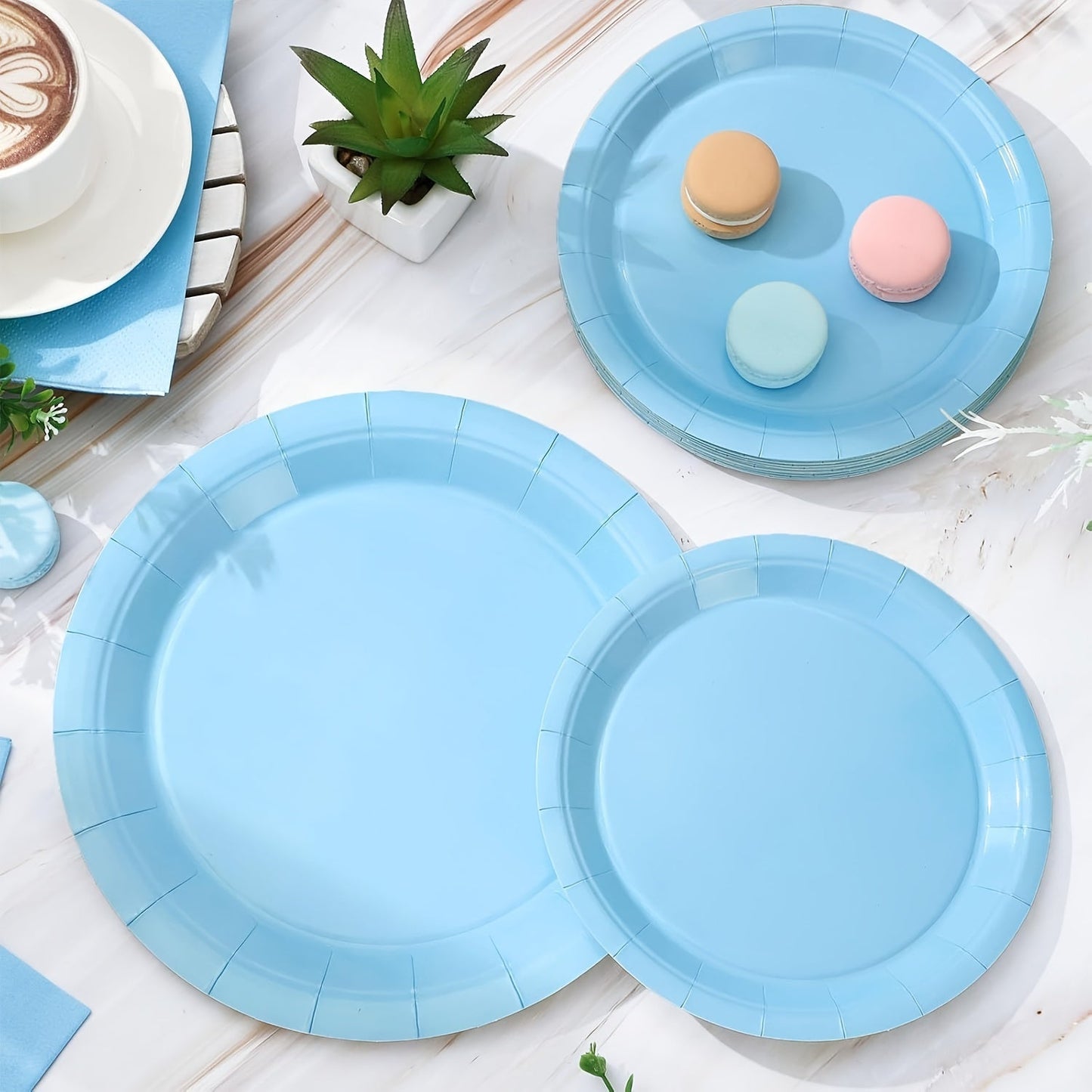 10 pieces or 20 pieces of light blue party supplies including blue paper plates, cups, and napkins. Perfect for blue showers, birthdays, weddings, parties, family picnics, and decorations. These disposable dinnerware items come in 17.78cm and 22.86cm