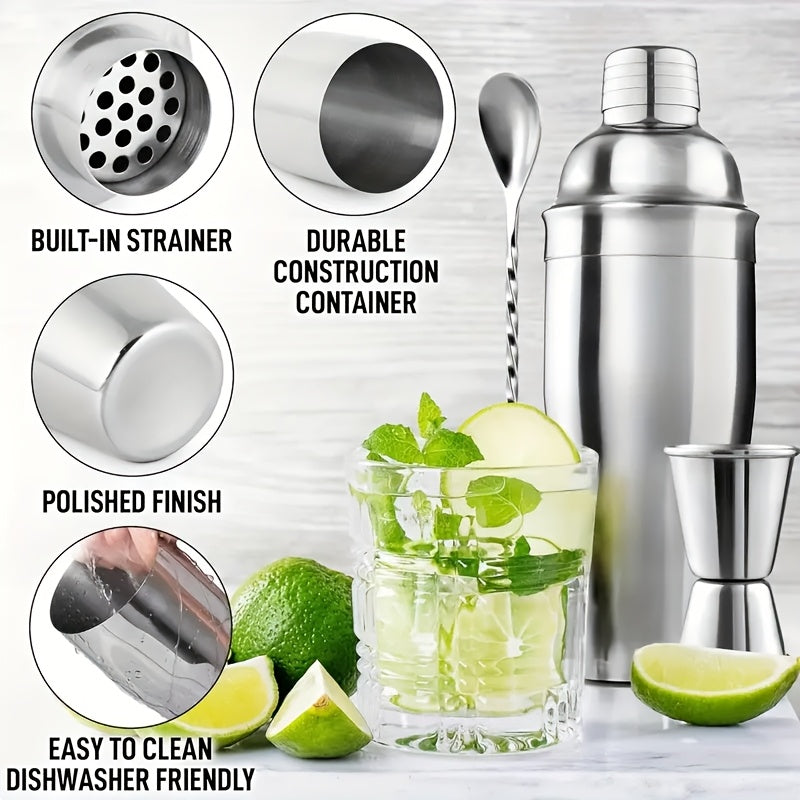 Professional 750ML Cocktail Shaker Bar Set including Margarita Mixer, Measuring Jigger, Mixing Spoon, and Built-in Bartender Strainer - High-Quality Stainless Steel Bar Tools for Martini Making.