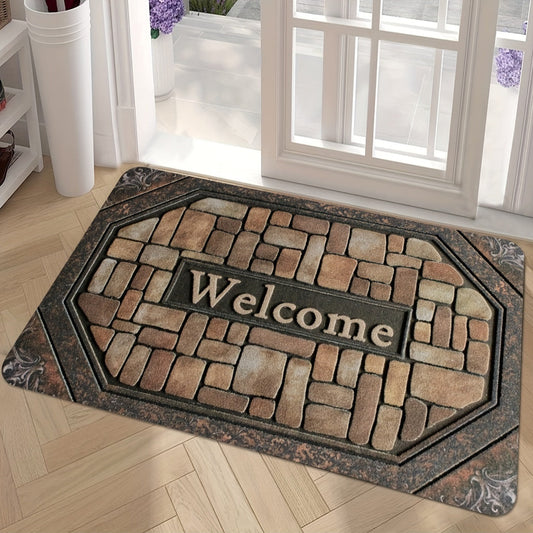 Polyester Welcome Doormat with Non-Slip Rubber Backing - Rectangle Entrance Carpet with Painted Brick Design (Pebble Pattern) - Machine Washable for Indoor and Outdoor Use