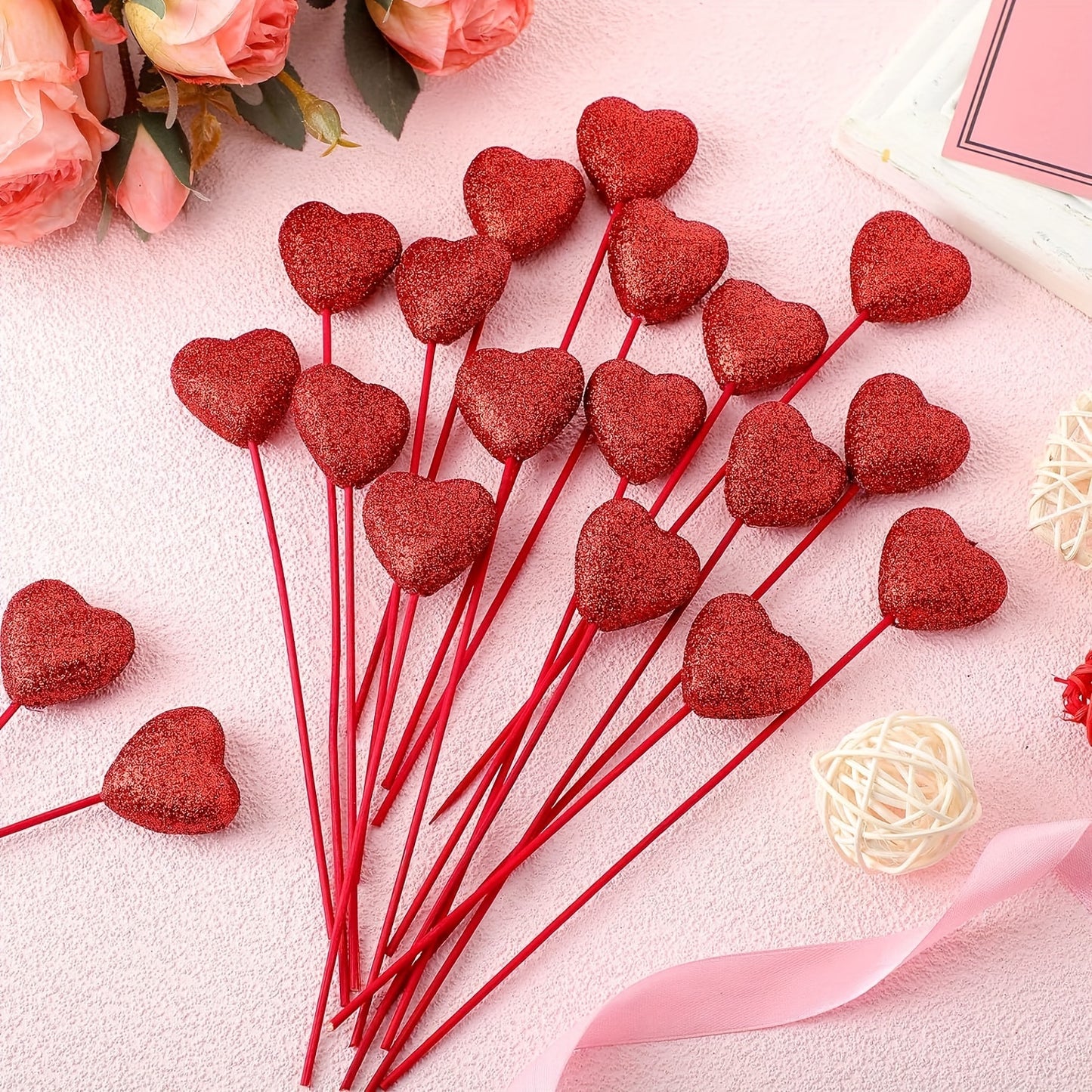 24 Glitter Foam Hearts Picks in red and pink for Valentine's and wedding decor.