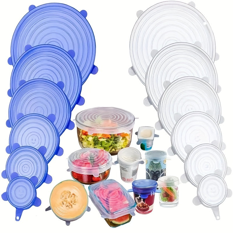 A set of 6/12 smile-shaped elastic lids made from food-grade material. These retractable bowl lids are reusable and perfect for storing fruits, vegetables, and other food items. They are dishwasher safe and can be used as multi-purpose crisper lids for