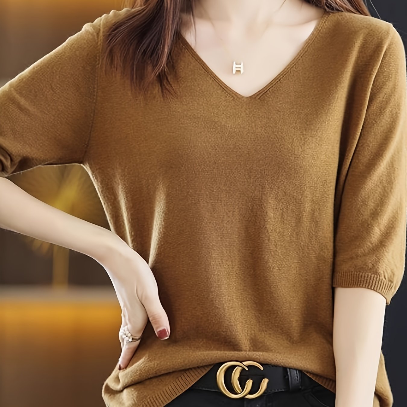 V-neck sweater in solid color, versatile half sleeve knit top for spring/fall, women's clothing.