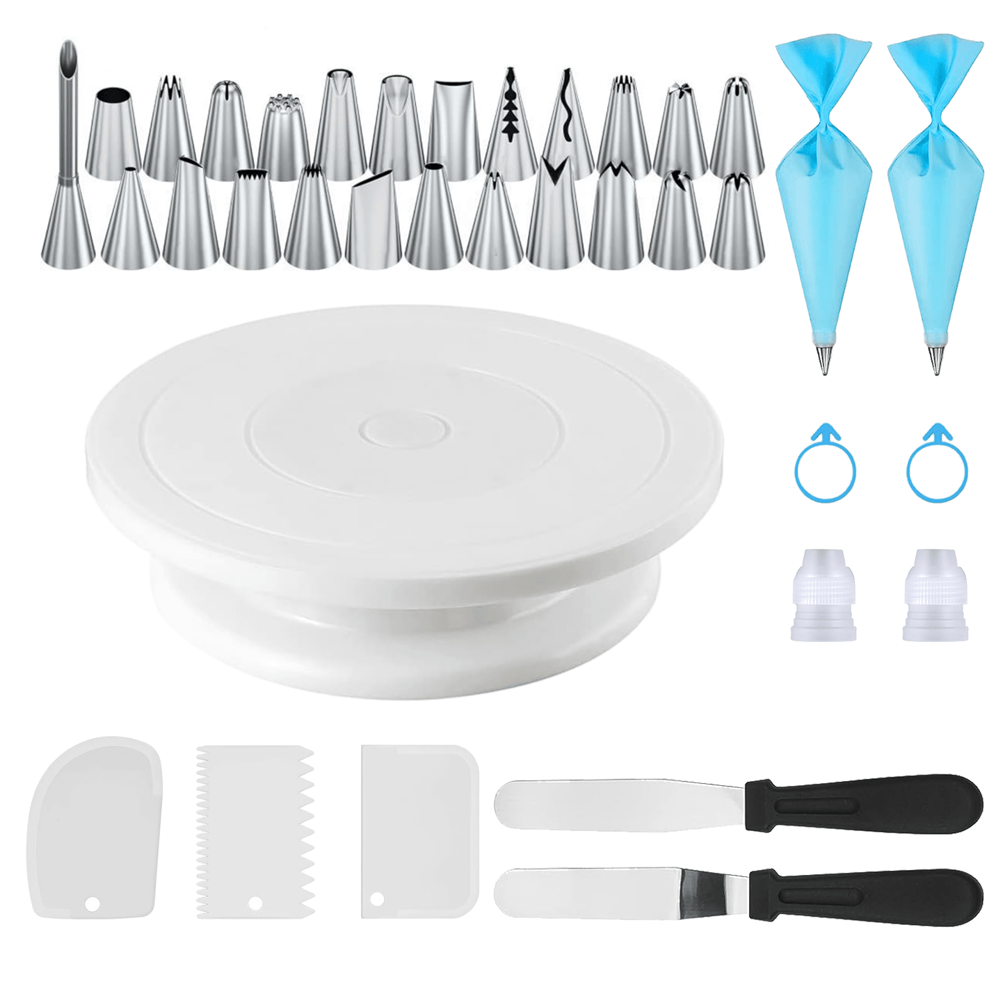 36-piece Stainless Steel Decorating Nozzle Cake Turntable Set with various tools for baking and decorating