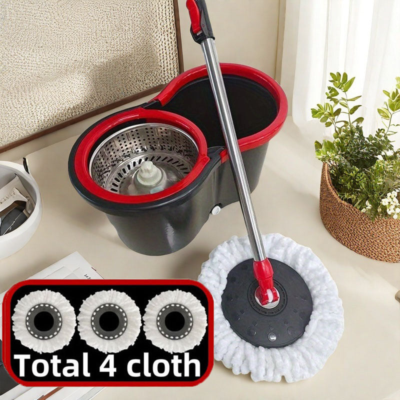 The Dual-Power Spin Mop and Bucket Set is designed for efficient wet and dry cleaning in any room of your home. Made with durable plastic and a stainless steel handle, this set features a 360° rotating head for easy maneuverability. Perfect for the