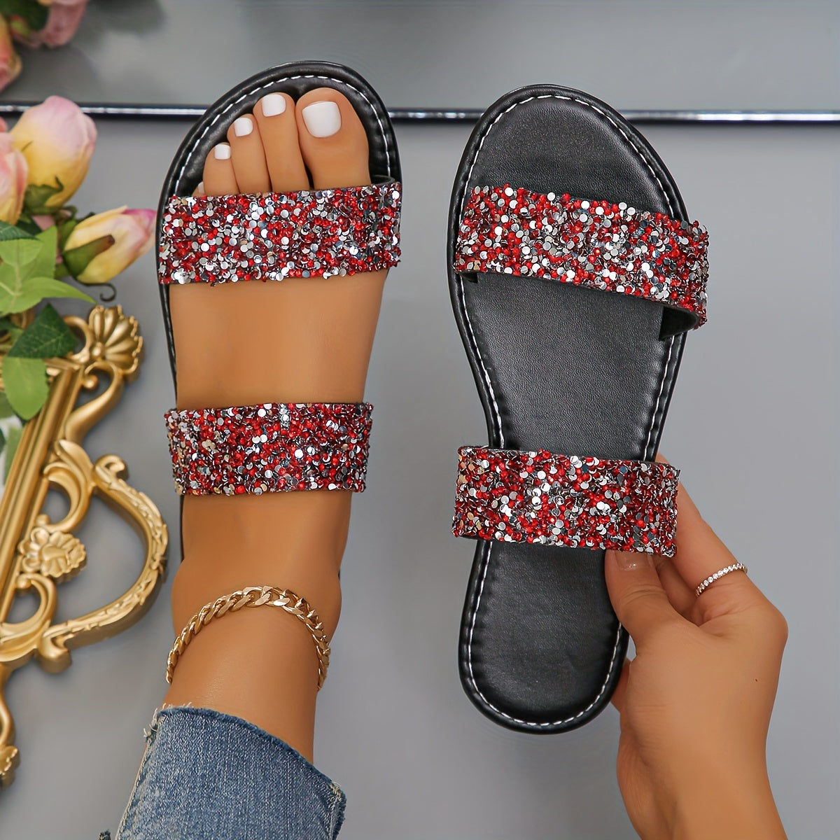 Glitter Slides for Women, Lightweight Slip-On with Double Bands and Rhinestone Beach Detail