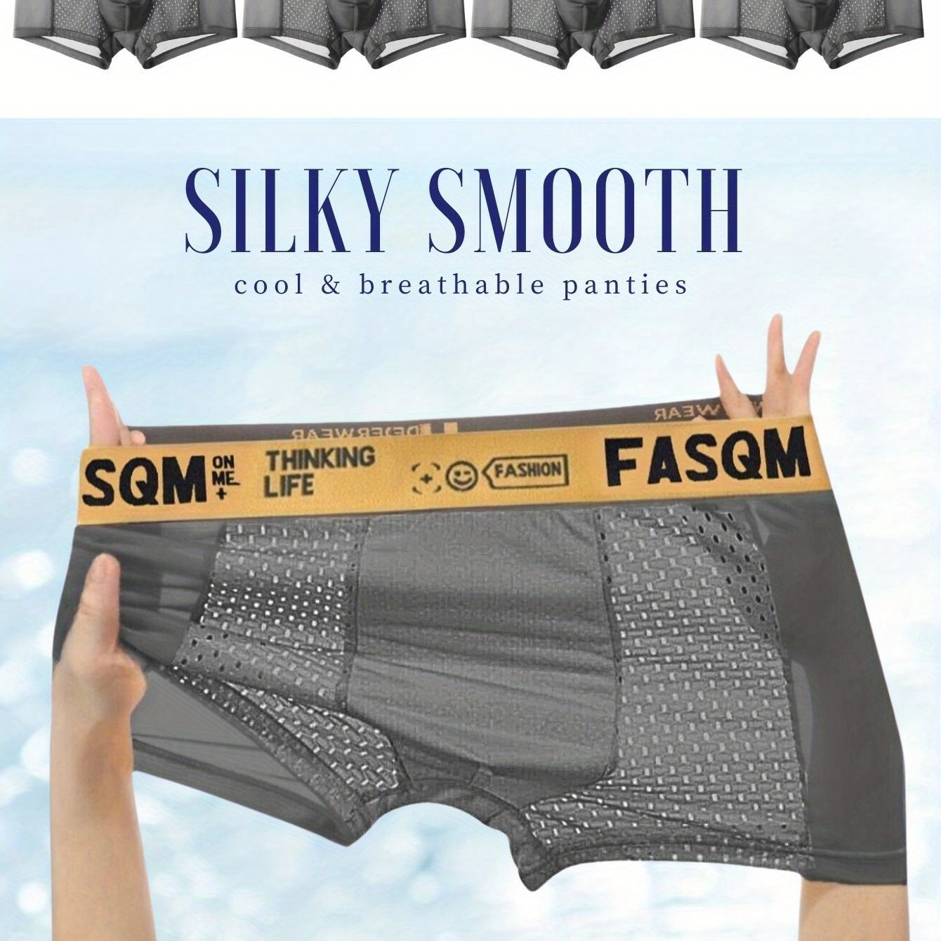 4pcs Men's boxers briefs in icy charm and cool soft material, featuring mesh patch for breathability and stretchy trunks. Available in sky blue, black, and deep gray with contrast color