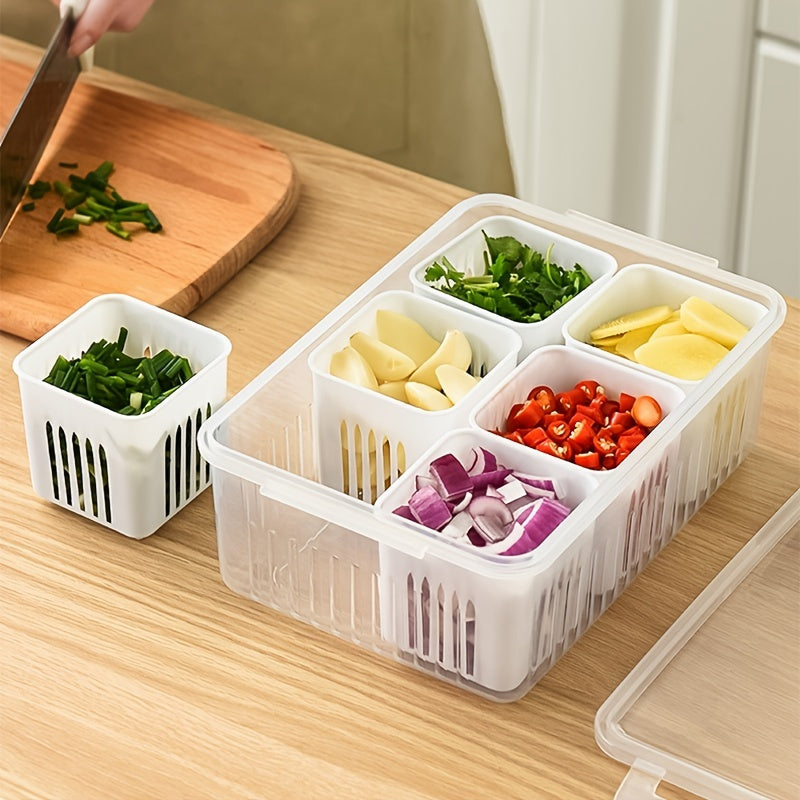 Kitchen Scallion Storage Box with 6 compartments for scallions, ginger, garlic, and other fresh ingredients. The box is designed to keep your fruits and vegetables fresh in the refrigerator, with a built-in drain feature for easy cleaning.