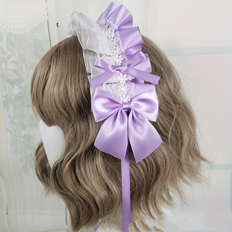 Ruffled Lace Ribbon Bow Headband with Hairpins in Contrasting Colors - Anime Maid Inspired Hair Accessory