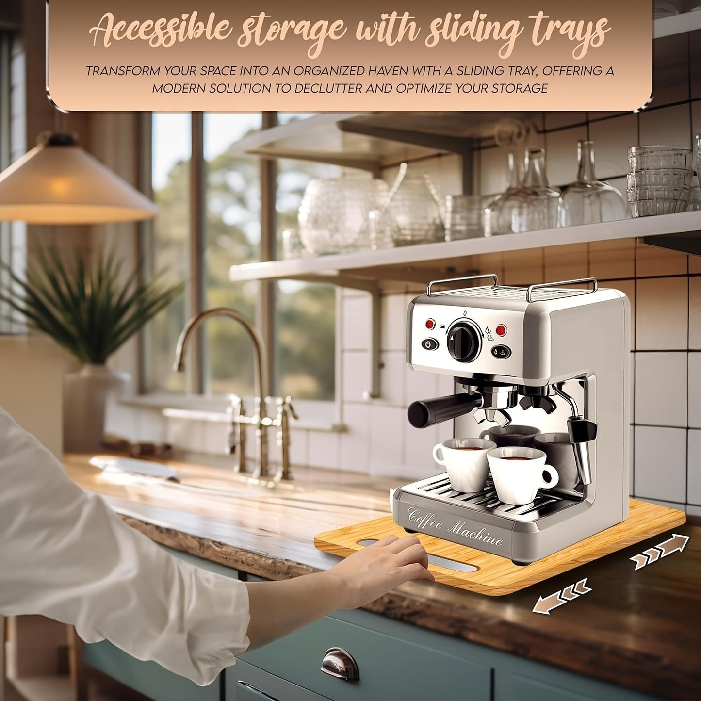 Make moving heavy kitchen appliances a breeze with the Coffee Moving Tray - a bamboo sliding tray designed for easy access and convenience. Keep your kitchen organized with these counter sliders that effortlessly slide out of cabinets.