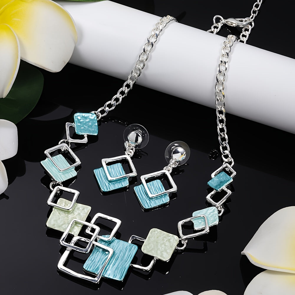 One trendy geometric design jewelry set includes one pair of earrings and one necklace in boho style, perfect to match with daily outfits or as a party accessory. Made from enamel, this set is a must-have addition to your jewelry collection.