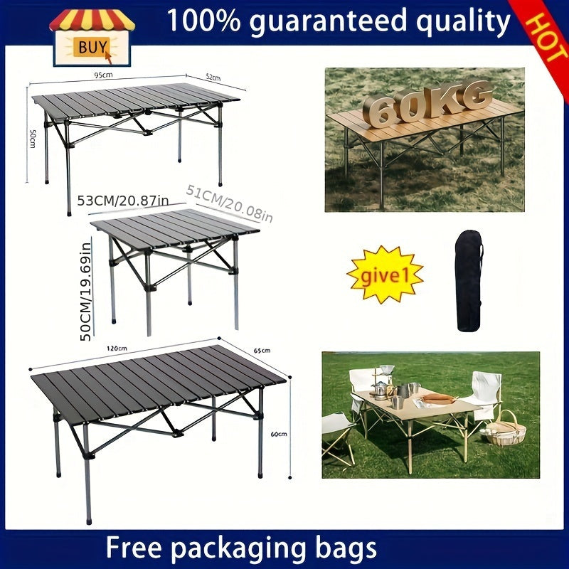 Portable, foldable outdoor table suitable for camping. Crafted from durable golden material in a convenient roll-shaped design.