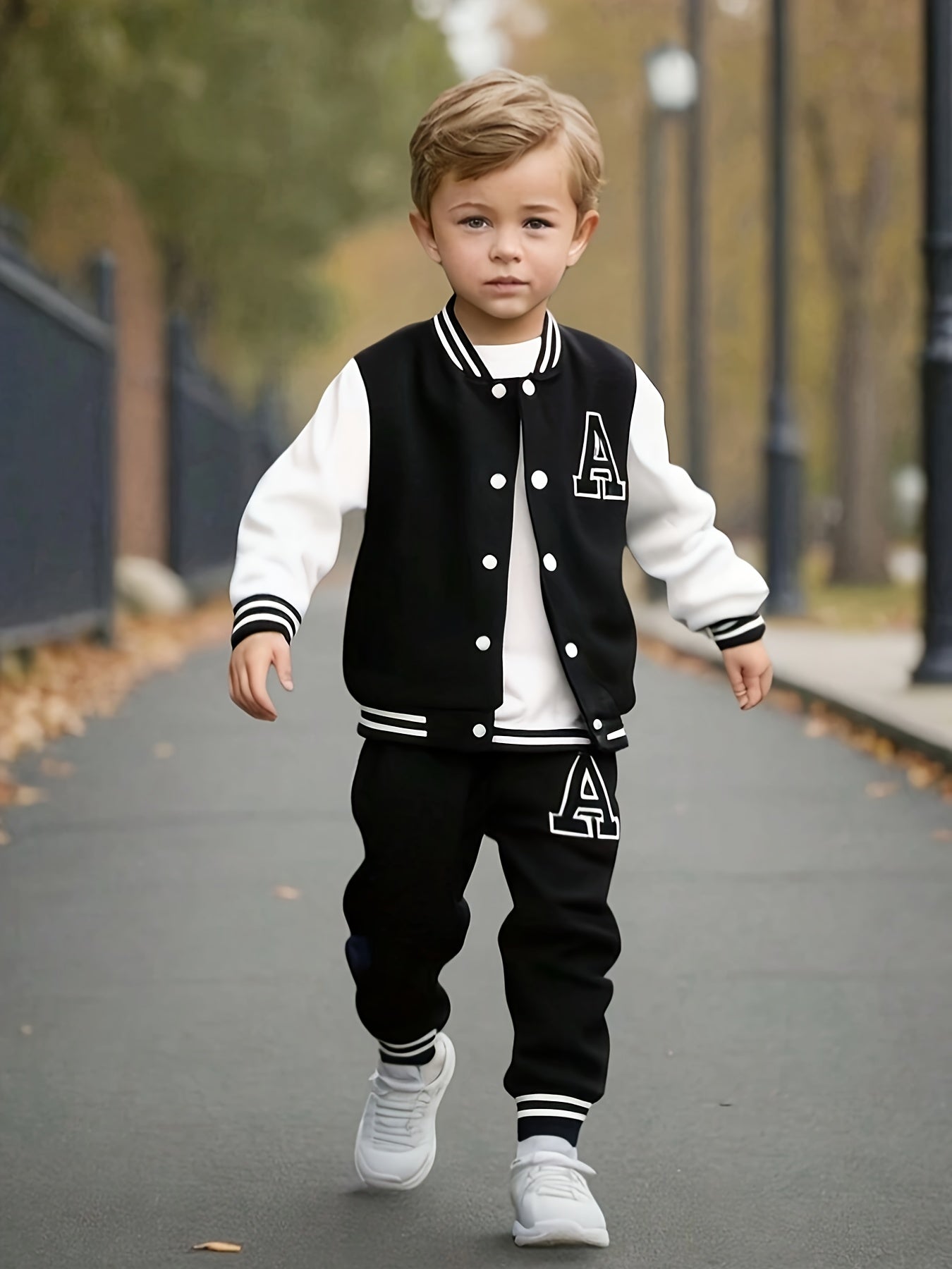 Boys' Matching fall/winter baseball suit in polyester knit, Alphabet print, Regular fit with button detail, for outdoor wear.