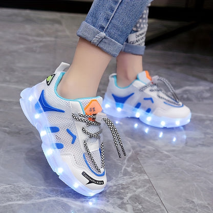 Children's LED light-up sneakers with breathable mesh, non-slip soft sole, and trendy street style for nighttime visibility, ideal for outdoor play and sports in white/blue/orange designs.