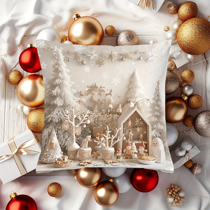 Contemporary style 1pc throw pillow cover with snowy trees and festive snowmen pattern, made of 100% polyester woven fabric. Digital print on single-sided, with zip closure. Hand wash only. Versatile room decor, 43.18x43.18 cm. (Insert not included)