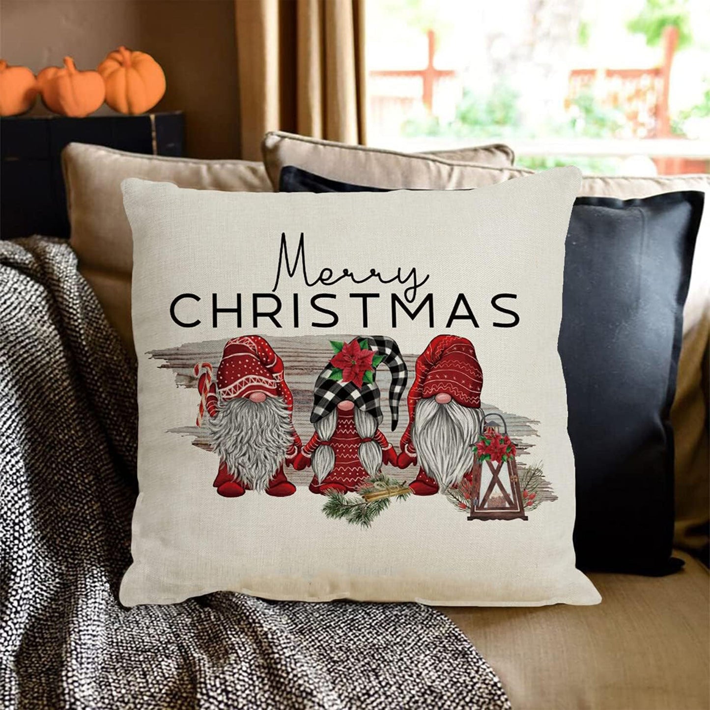 1 piece of Merry Christmas Gnome Decorative Throw Pillow Cover available in sizes 16x16, 18x18, or 50.8x50.8 cm. This Square Linen Red Gnomes Farmhouse Decor Christmas Cushion Pillow Case comes with a Hidden Zipper, perfect for use on your Sofa, Kitchen