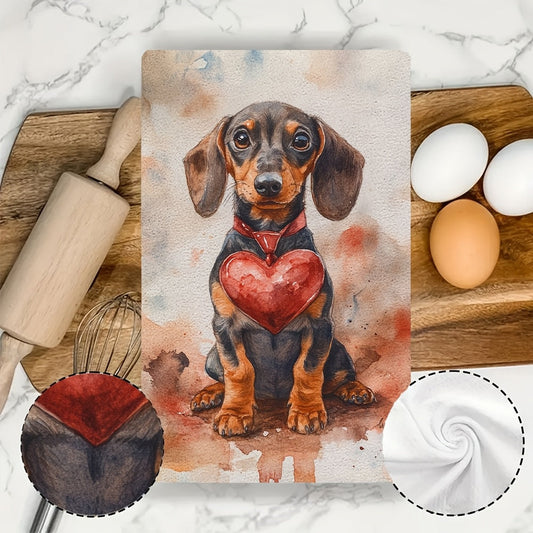 Get two ultra soft kitchen towels featuring an adorable dachshund puppy with a heart design. These highly absorbent and machine washable hand towels measure 40.64x60.96 cm and are perfect for Valentine's Day decor or as dish towels.