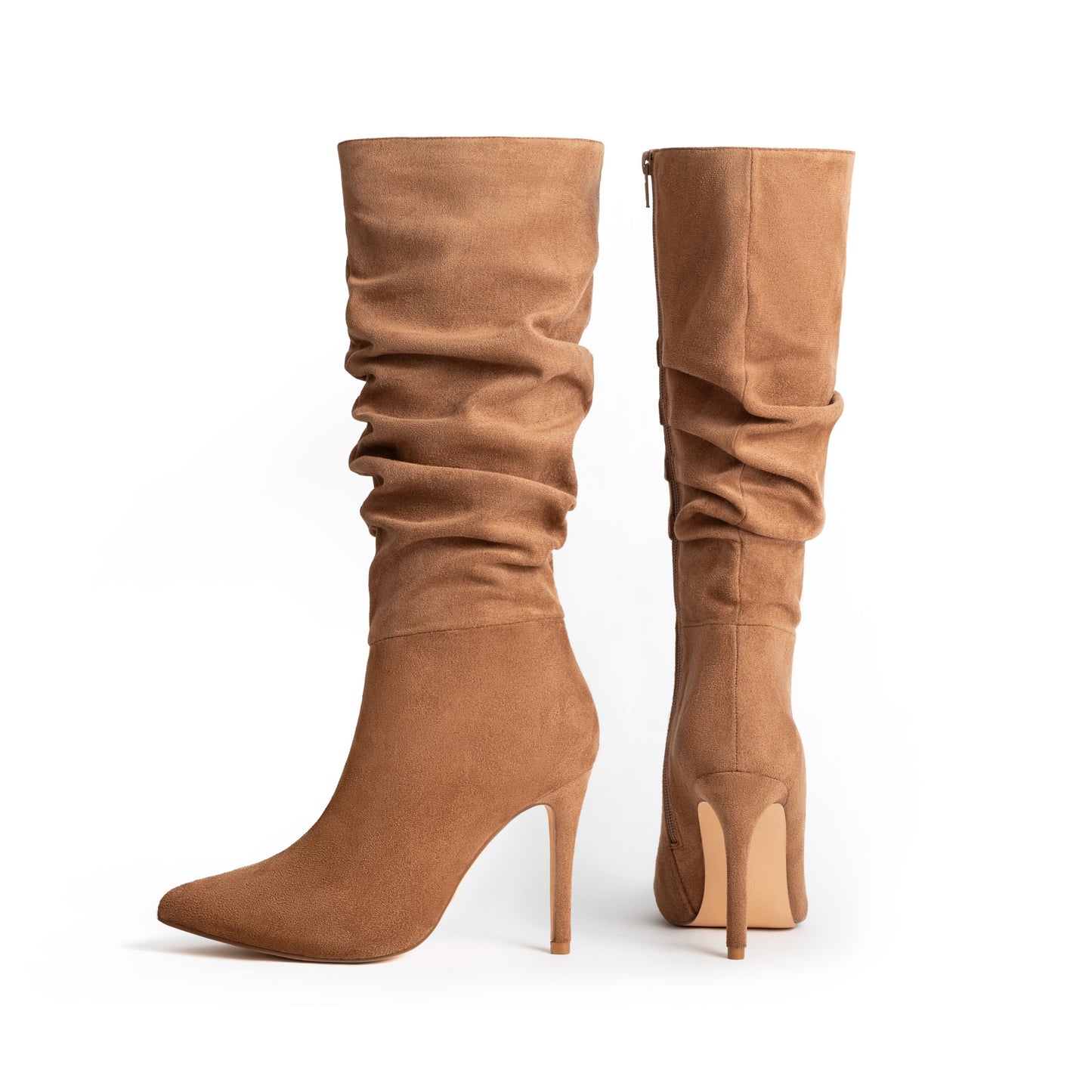 Pleated design long boots for women with point toe and stylish side zipper.