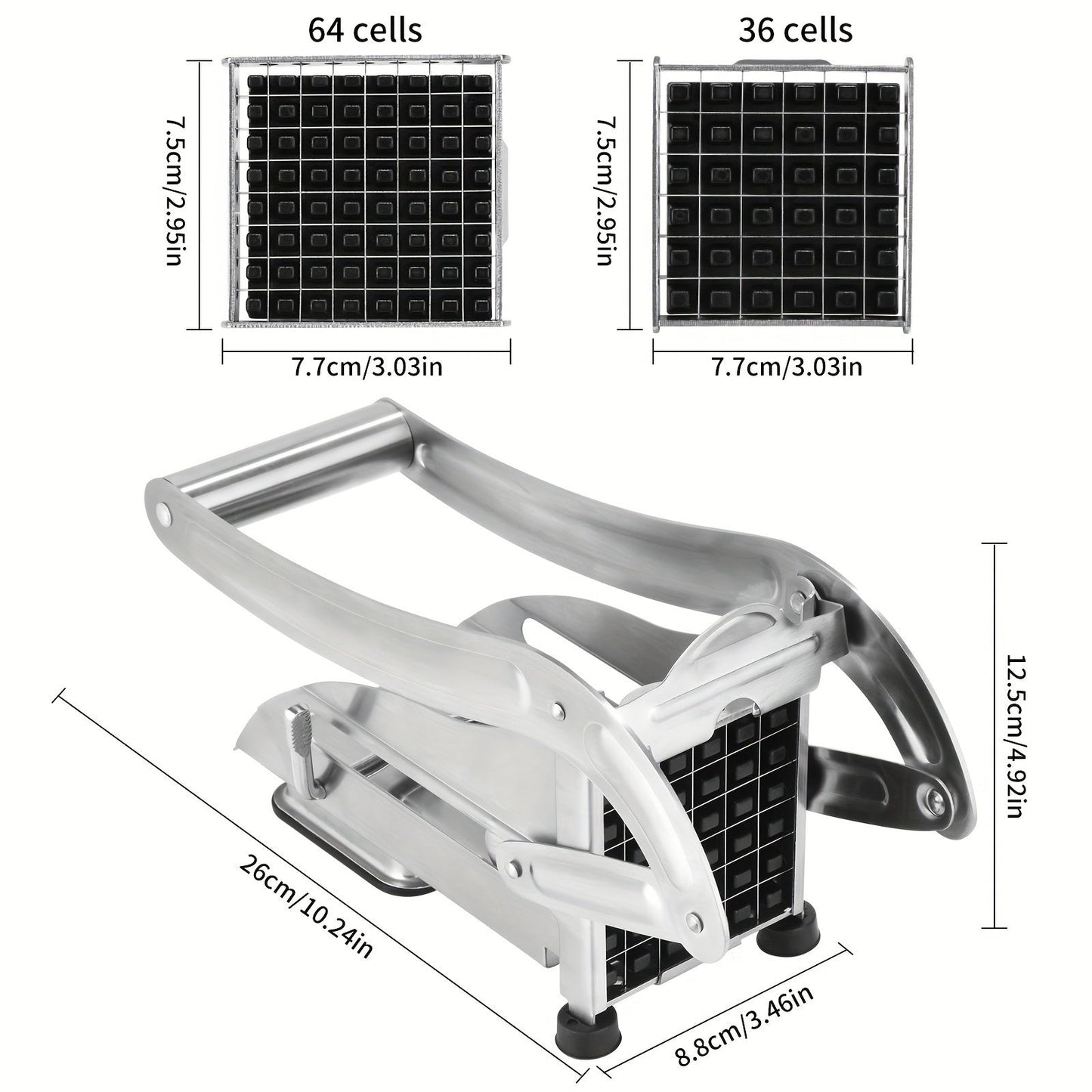 Home kitchen gadget for easy potato slicing, featuring a durable stainless steel French fry cutter with 2 interchangeable blades. Ideal for home use, this silver metal slicer is perfect for creating perfect fries every time.