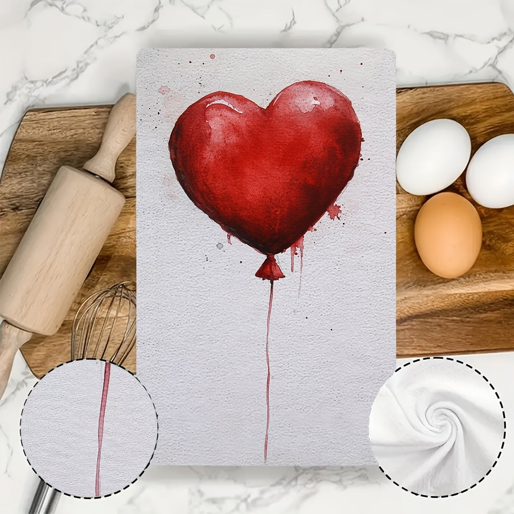 Two pieces of ultra soft kitchen towels featuring a Valentine's heart balloon design. These highly absorbent and machine washable dish hand towels are contemporary red on white decor and measure 40.64x60.96 cm. A must-have addition to your kitchen!