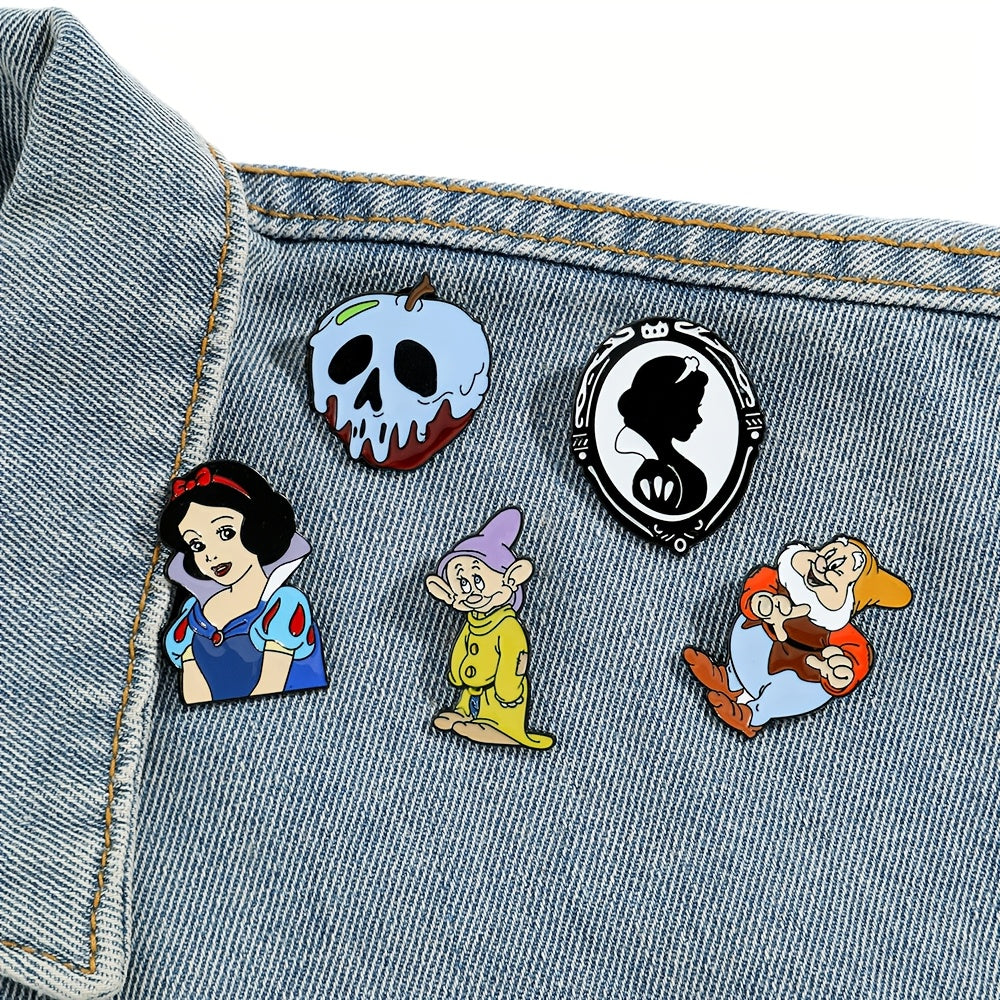 Set of 5 Enamel Pins - Adorable Snow White & The Seven Dwarfs Brooches, Made of Alloy Metal, Perfect for Clothing and Backpacks