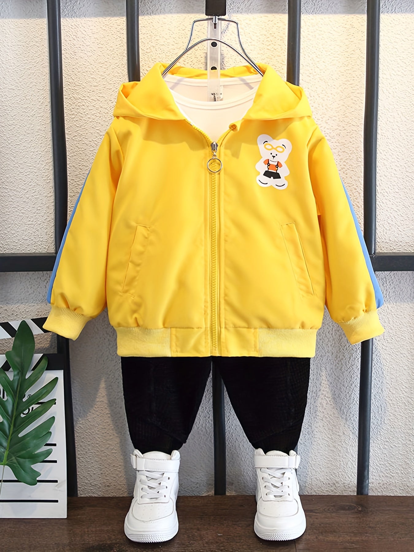 Boys' Lightweight Hooded Jacket with Bear Cartoon Print - Yellow with Blue Trim and Bow Details - Ideal for Spring and Fall, Kids' Outerwear | Vibrant Youngsters' Fashion | Easy Zipper, Boy