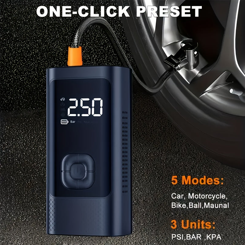 Rechargeable LED-lit tire inflator for cars, bikes, motorcycles, and sports balls. Perfect Father's Day gift.