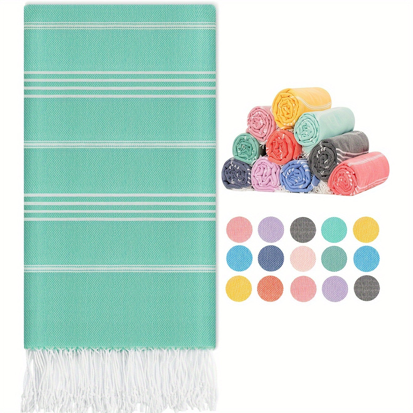 Turkish beach towel: quick-dry, sand-free, lightweight, oversized in striped patterns (yellow, white, blue, gray, pink) for pool, swim, travel. Ideal for camping, cruise, vacation, beach blanket.