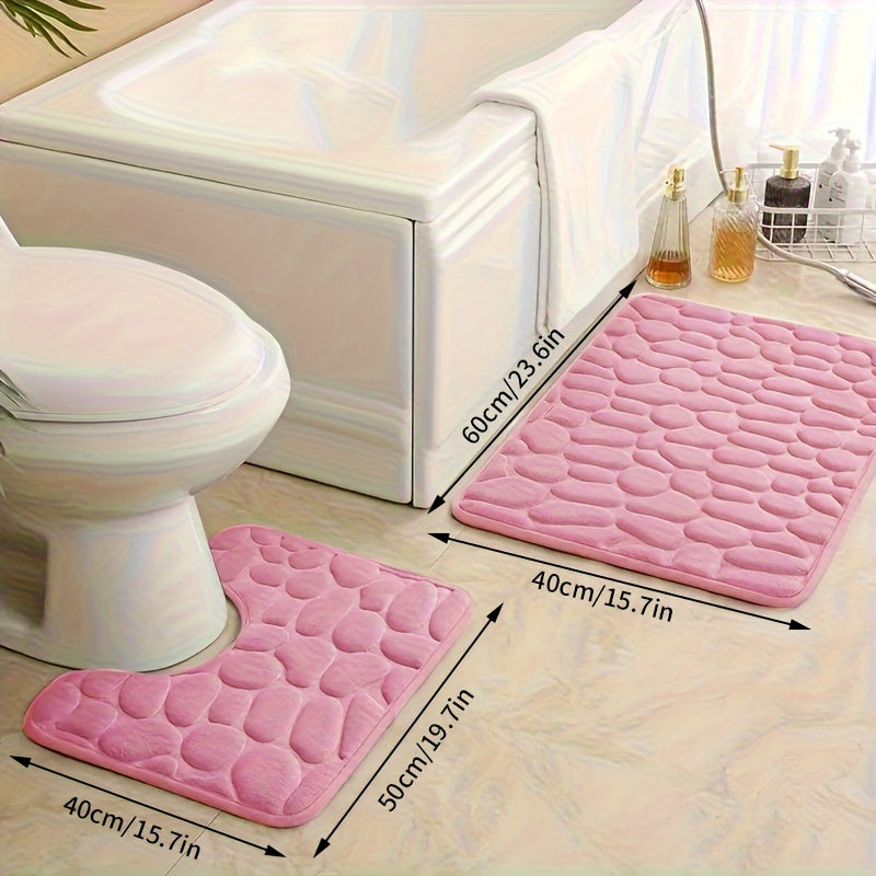 Two pieces of ultra-soft bath mats with stone embossing, 25D thick sponge material. Non-slip and highly absorbent, suitable for use in the shower, kitchen, laundry room, and as bedroom decor.