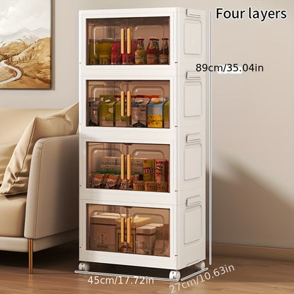 Foldable storage cabinet (46.99cm x 29.21cm) made of waterproof plastic with magnetic closure. Ideal for living room, kitchen, and bedroom. Features wheels for easy mobility. Can be used as