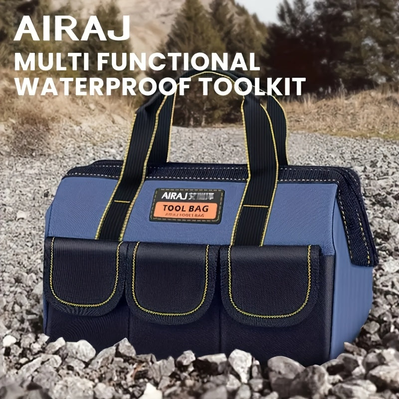 AIRAJ Heavy-Duty Tool Bag with Multiple Compartments - Durable Black & Yellow Tool Organizer for Electricians, Plumbers, Carpenters, and Mechanics. Features Reinforced Handles and Straps