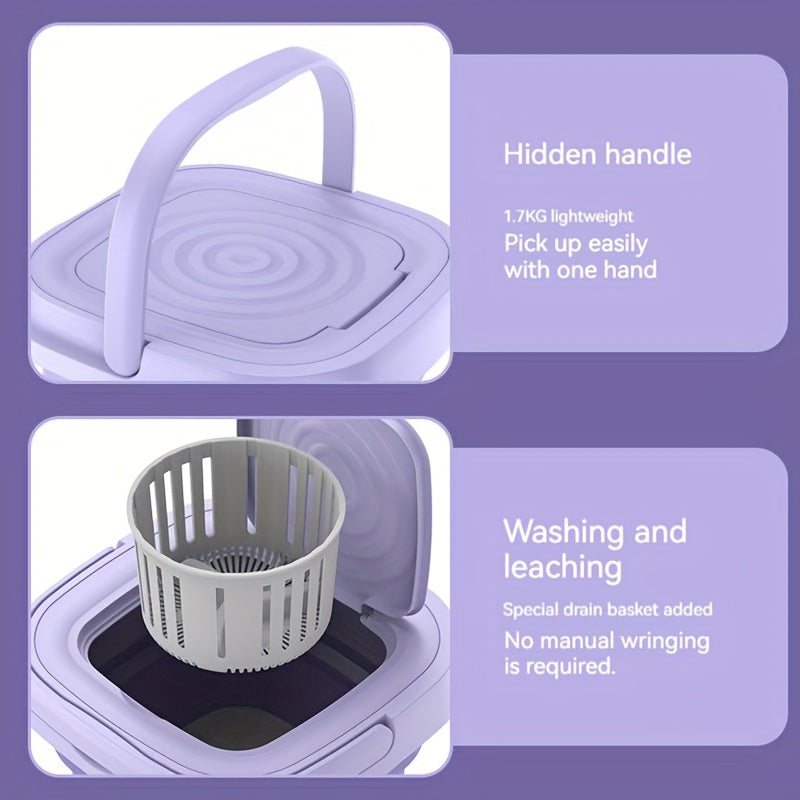 Portable mini washing machine with 8L capacity, 3 modes, and drain basket is ideal for apartments, camping, RVs, and travel; effectively cleans clothes and underwear.