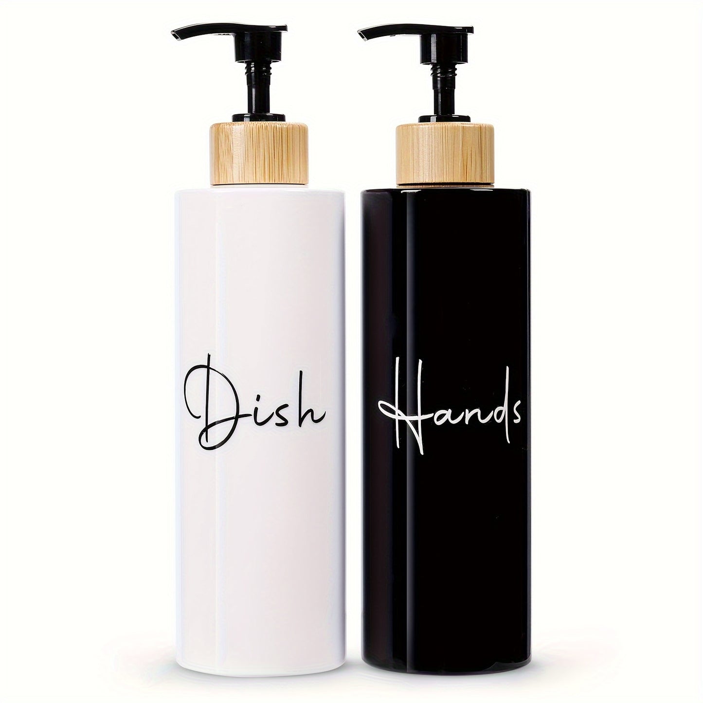 Set of 2 black refillable soap dispensers with wooden handles, made from lead-free plastic. Suitable for hand and dish soap, great for bathroom organization and storage, and elegant home decor accessories.