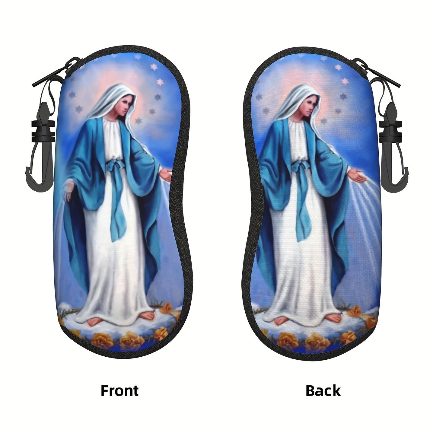 Virgin Mary Our Lady of Fatima Print Eyeglass Case with Keychain, Waterproof Sunglass & Reading Glasses Pouch, Neoprene Soft Accessory, Lightweight and Unisex - 1 Pack