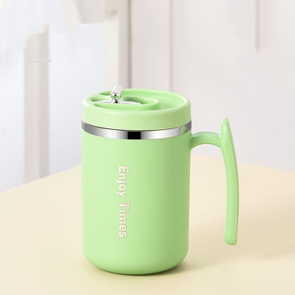 Stylish stainless steel coffee mug with straw, handle, perfect for office, reading, camping. Available in orange, light blue, cream, ideal for drinking coffee or tea.