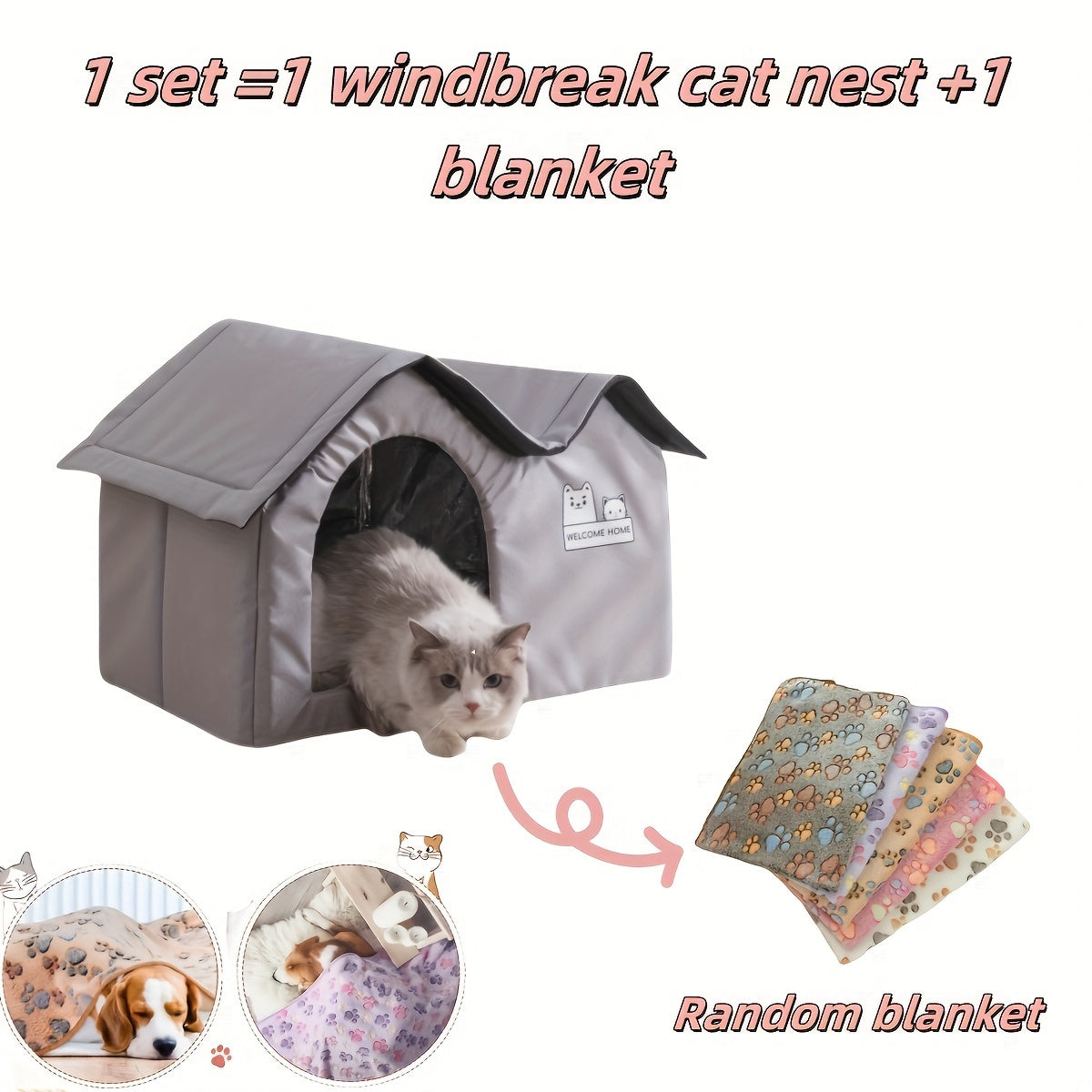 All-weather cat house with removable mat and paw print blanket, perfect for indoor or outdoor use.