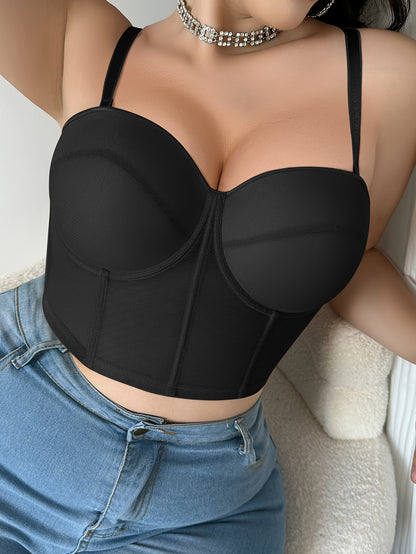 Elegant plus size women's bralette with detachable straps, invisible half-cup design, underwire support, breathable shaping, nylon and elastane material, push-up and thin cup.