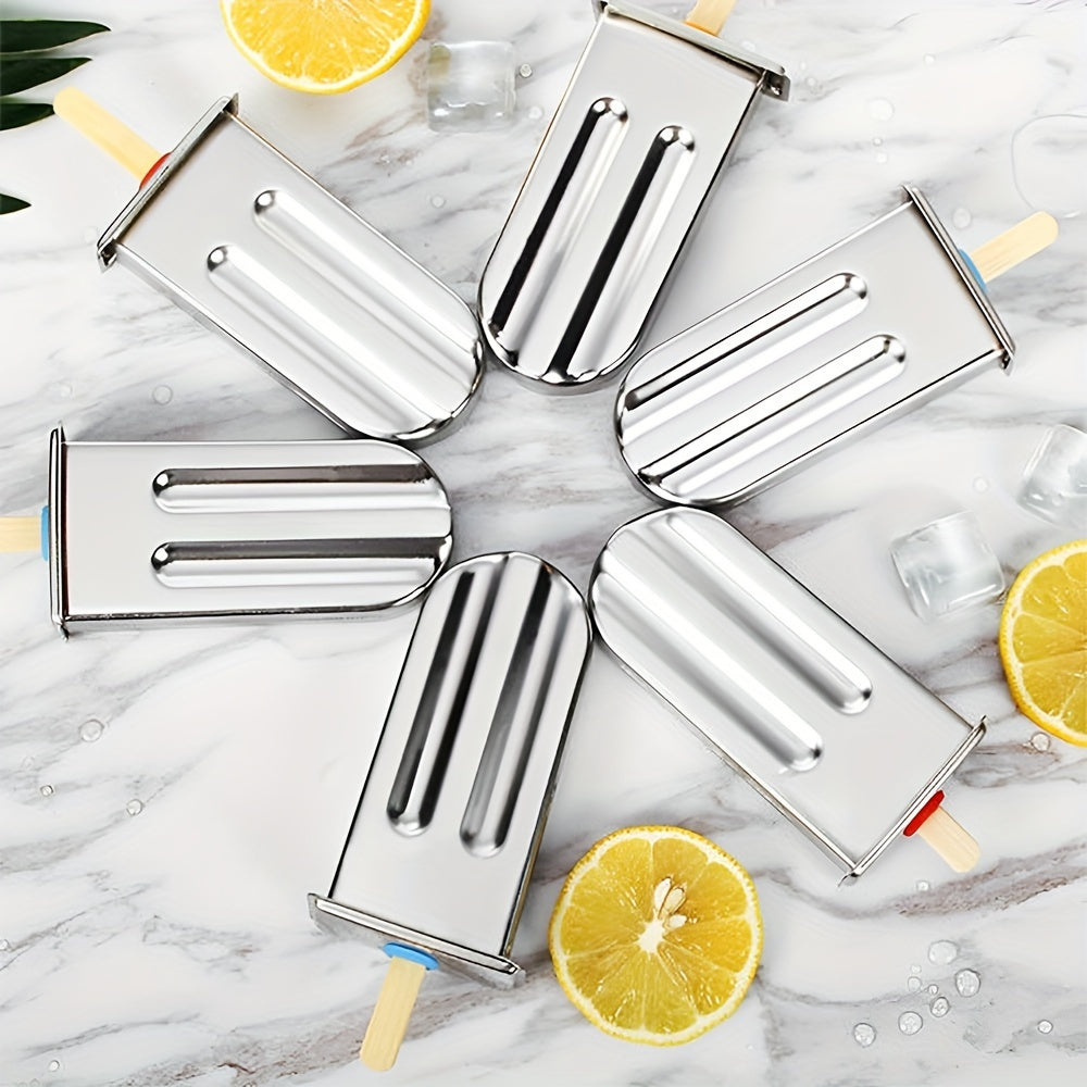 6 or 10 piece set of 304 stainless steel popsicle molds with cover, stainless steel popsicle stand base, and ice cream sticks for DIY golden popsicle molds and creative fruit popsicle molds. Essential kitchen tools for making delicious treats.