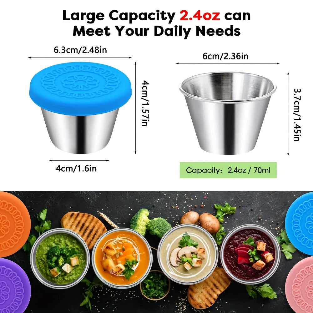 Stainless steel salad sauce containers with leakproof lids, ideal for lunch, dipping sauces, and picnics.