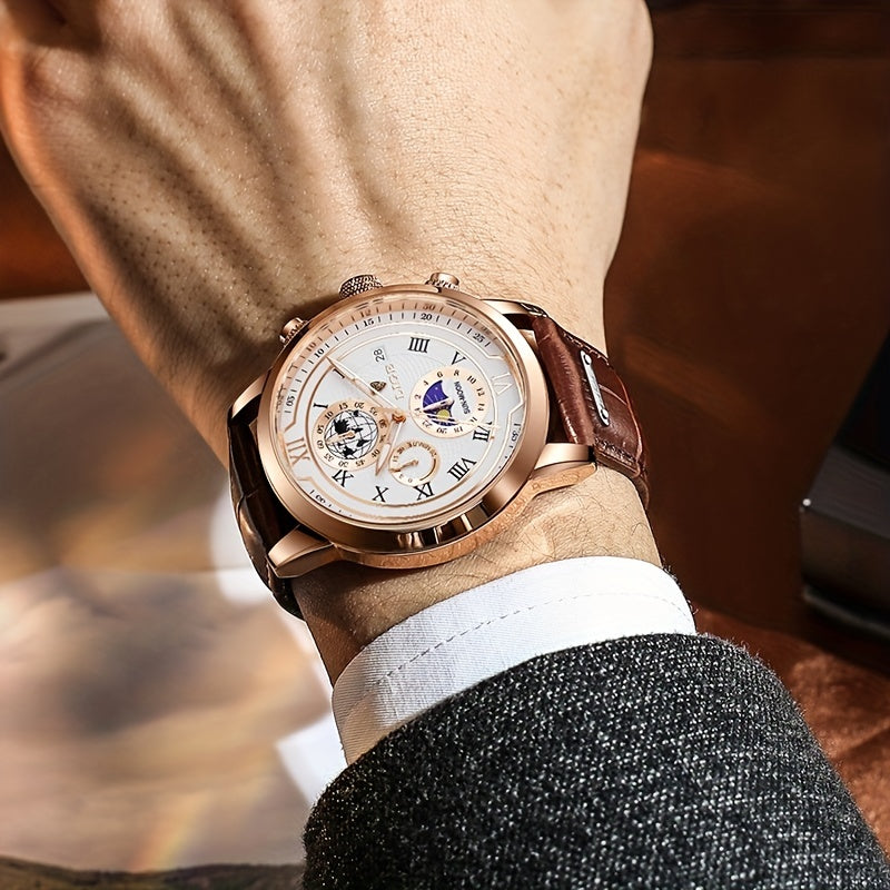 Upgrade your style with the LIGE High-grade Men's Quartz Watch. This business clock features a multi-function chronograph and 30m water resistance. With a lunar phase calendar, this watch is a perfect gift choice for any occasion.