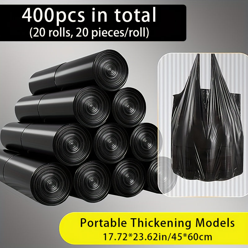 Joybos Heavy Duty Polypropylene Trash Bags are versatile and durable with 400 bags included. These bags feature vest style handles and are leak-resistant, making them ideal for use in the kitchen, bedroom, bathroom, and office.