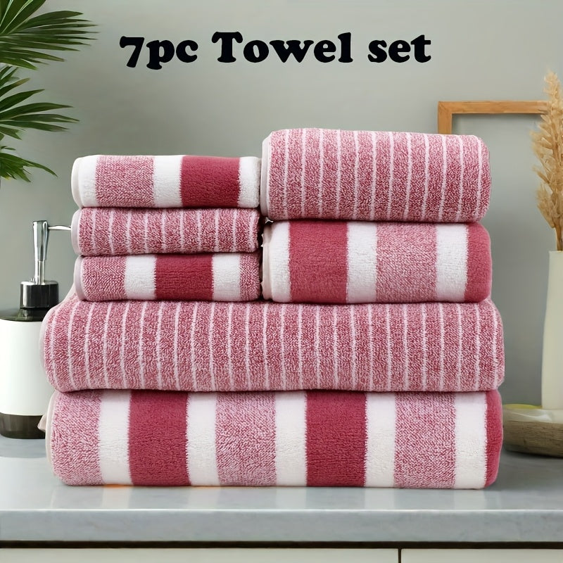 Best-selling 7pcs Striped Bath Towel Set with quick-drying, absorbent towels suitable for various uses, including hotels, sports, travel, and yoga. Ideal bathroom supplies.