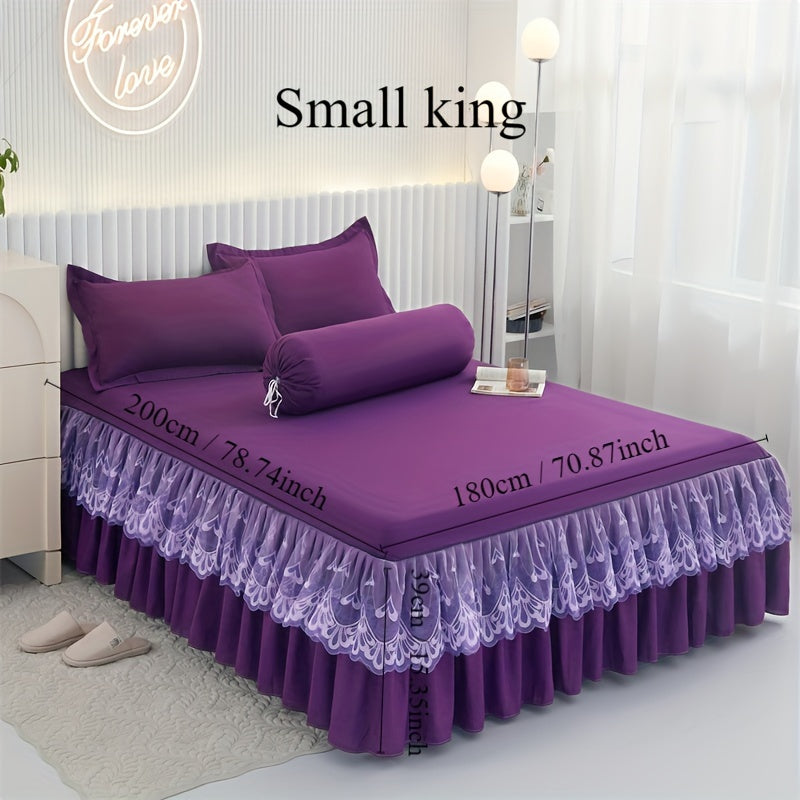 Chic 3-Piece Bed Skirt Set Featuring Double Layer Lace - Comes with 1 Bed Skirt and 2 Pillowcases, in a Solid Color. Non-Slip and Perfect for All Seasons, this Set is Machine Washable for easy care.