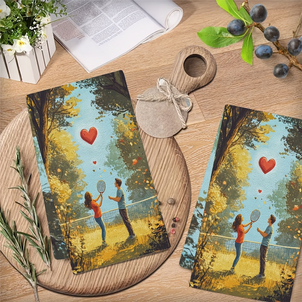 This pair of ultra-soft kitchen towels showcases a charming scene of a couple playing badminton in a park, complete with a heart-decorated shuttlecock flying between them. These highly absorbent dish towels are ideal for holiday decorating, machine