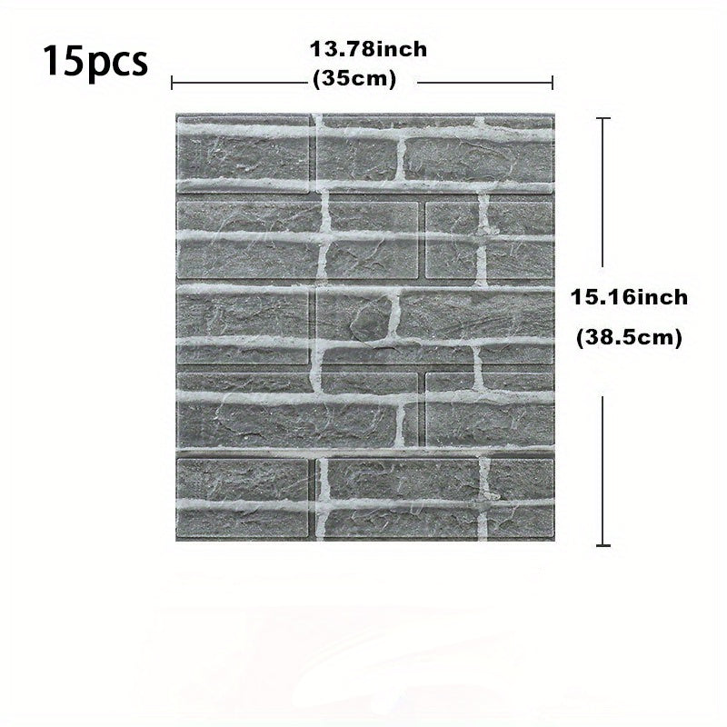 15pcs, foam soft tiles with 3D brick pattern wall stickers. Washable, waterproof, anti-mold and anti-stain.