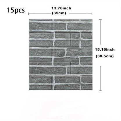 15pcs, foam soft tiles with 3D brick pattern wall stickers. Washable, waterproof, anti-mold and anti-stain.