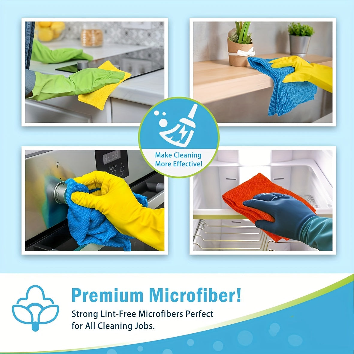 Microfiber cleaning cloths that are ultra-absorbent and can withstand up to 1200 washes. These cloths provide a streak-free shine for mirrors and cars without the need for chemicals. Made of polyester.